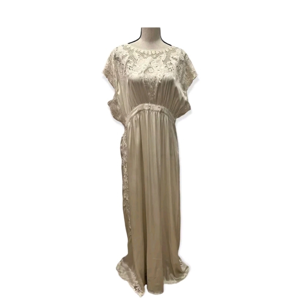 Ivory Off White Long Silk Dress with Lace Detail, Button Back Casual Wedding